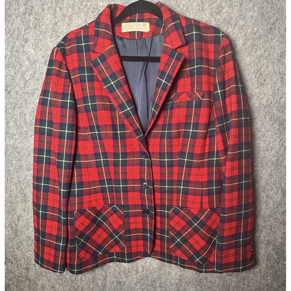 Pendleton Jacket Women Med Red Blazer Pure Wool Coat Plaid Holiday VTG